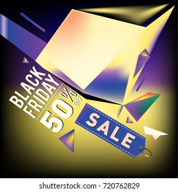 Black friday sale poster. 3d colorful geometric poster design template for promotion. Glossy metal and plastic material style.