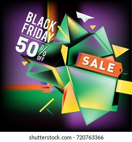 Black friday sale poster. 3d colorful geometric poster design template for promotion. Glossy metal and plastic material style.