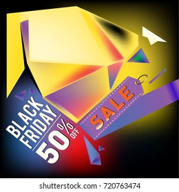 Black friday sale poster. 3d colorful geometric poster design template for promotion. Glossy metal and plastic material style.