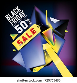 Black friday sale poster. 3d colorful geometric poster design template for promotion. Glossy metal and plastic material style.