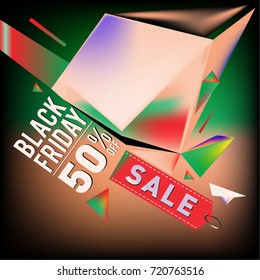 Black friday sale poster. 3d colorful geometric poster design template for promotion. Glossy metal and plastic material style.
