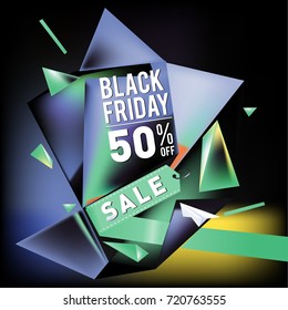 Black friday sale poster. 3d colorful geometric poster design template for promotion. Glossy metal and plastic material style.