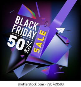 Black friday sale poster. 3d colorful geometric poster design template for promotion. Glossy metal and plastic material style.