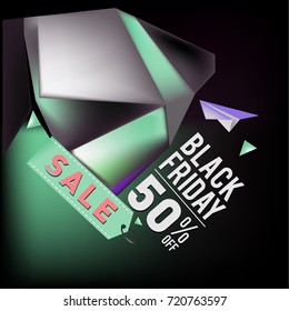 Black friday sale poster. 3d colorful geometric poster design template for promotion. Glossy metal and plastic material style.