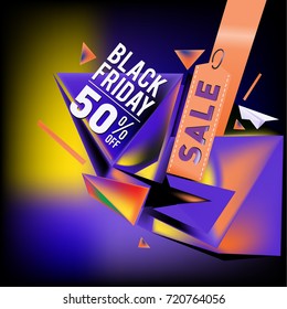 Black friday sale poster. 3d colorful geometric poster design template for promotion. Glossy metal and plastic material style.