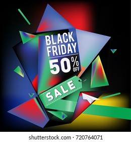 Black friday sale poster. 3d colorful geometric poster design template for promotion. Glossy metal and plastic material style.