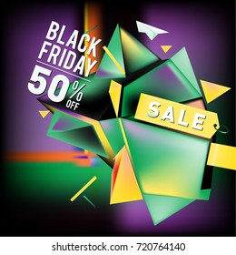 Black friday sale poster. 3d colorful geometric poster design template for promotion. Glossy metal and plastic material style.