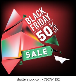 Black friday sale poster. 3d colorful geometric poster design template for promotion. Glossy metal and plastic material style.