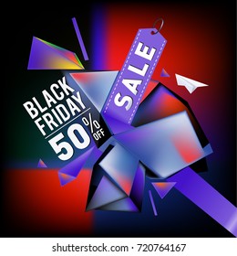 Black friday sale poster. 3d colorful geometric poster design template for promotion. Glossy metal and plastic material style.