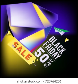 Black friday sale poster. 3d colorful geometric poster design template for promotion. Glossy metal and plastic material style.