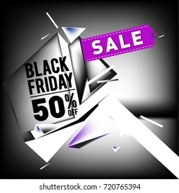 Black friday sale poster. 3d colorful geometric poster design template for promotion. Glossy metal and plastic material style.