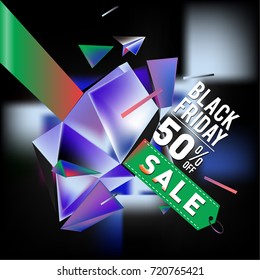 Black friday sale poster. 3d colorful geometric poster design template for promotion. Glossy metal and plastic material style.