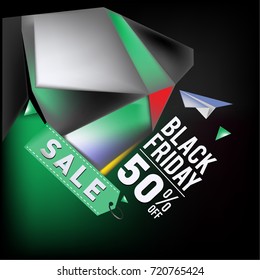 Black friday sale poster. 3d colorful geometric poster design template for promotion. Glossy metal and plastic material style.