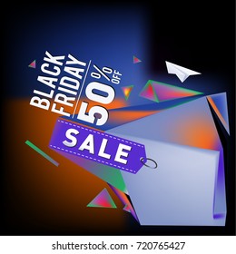 Black friday sale poster. 3d colorful geometric poster design template for promotion. Glossy metal and plastic material style.