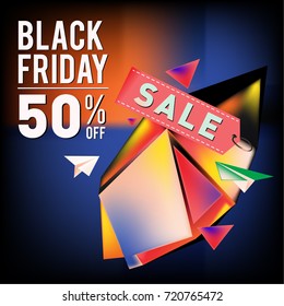Black friday sale poster. 3d colorful geometric poster design template for promotion. Glossy metal and plastic material style.