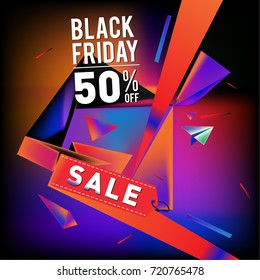 Black friday sale poster. 3d colorful geometric poster design template for promotion. Glossy metal and plastic material style.