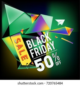 Black friday sale poster. 3d colorful geometric poster design template for promotion. Glossy metal and plastic material style.