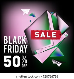 Black friday sale poster. 3d colorful geometric poster design template for promotion. Glossy metal and plastic material style.