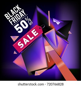 Black friday sale poster. 3d colorful geometric poster design template for promotion. Glossy metal and plastic material style.