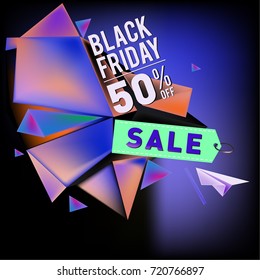 Black friday sale poster. 3d colorful geometric poster design template for promotion. Glossy metal and plastic material style.