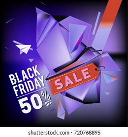 Black friday sale poster. 3d colorful geometric poster design template for promotion. Glossy metal and plastic material style.