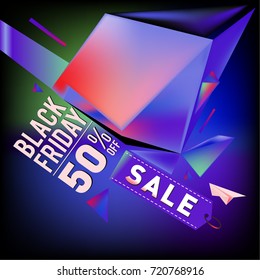 Black friday sale poster. 3d colorful geometric poster design template for promotion. Glossy metal and plastic material style.