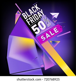 Black friday sale poster. 3d colorful geometric poster design template for promotion. Glossy metal and plastic material style.