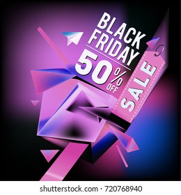 Black friday sale poster. 3d colorful geometric poster design template for promotion. Glossy metal and plastic material style.