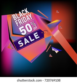 Black friday sale poster. 3d colorful geometric poster design template for promotion. Glossy metal and plastic material style.