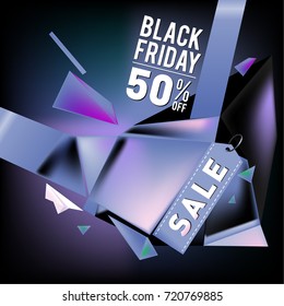 Black friday sale poster. 3d colorful geometric poster design template for promotion. Glossy metal and plastic material style.