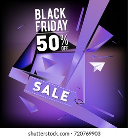 Black friday sale poster. 3d colorful geometric poster design template for promotion. Glossy metal and plastic material style.