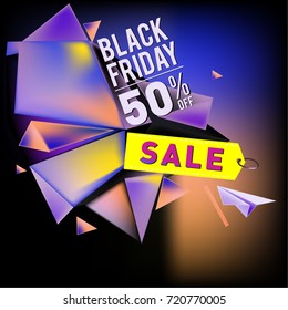 Black friday sale poster. 3d colorful geometric poster design template for promotion. Glossy metal and plastic material style.