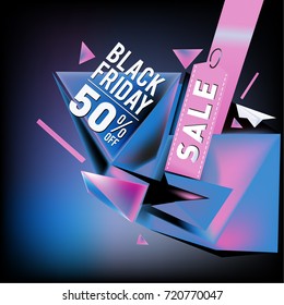 Black friday sale poster. 3d colorful geometric poster design template for promotion. Glossy metal and plastic material style.