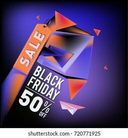 Black friday sale poster. 3d colorful geometric poster design template for promotion. Glossy metal and plastic material style.