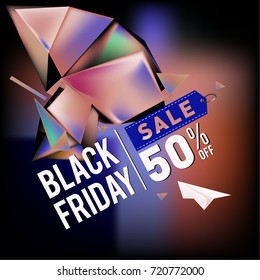 Black friday sale poster. 3d colorful geometric poster design template for promotion. Glossy metal and plastic material style.
