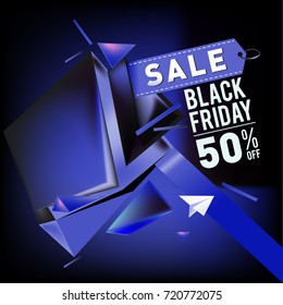 Black friday sale poster. 3d colorful geometric poster design template for promotion. Glossy metal and plastic material style.