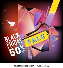 Black friday sale poster. 3d colorful geometric poster design template for promotion. Glossy metal and plastic material style.