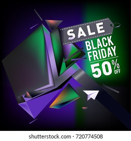 Black friday sale poster. 3d colorful geometric poster design template for promotion. Glossy metal and plastic material style.

