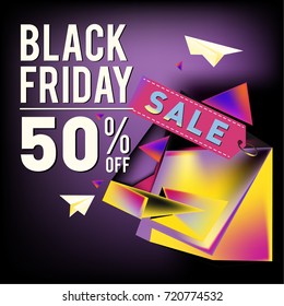 Black friday sale poster. 3d colorful geometric poster design template for promotion. Glossy metal and plastic material style.
