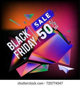 Black friday sale poster. 3d colorful geometric poster design template for promotion. Glossy metal and plastic material style.
