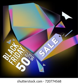 Black friday sale poster. 3d colorful geometric poster design template for promotion. Glossy metal and plastic material style.

