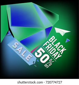 Black friday sale poster. 3d colorful geometric poster design template for promotion. Glossy metal and plastic material style.
