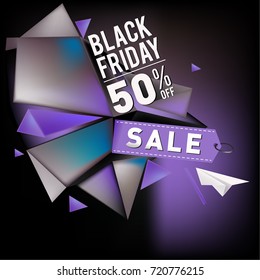 Black friday sale poster. 3d colorful geometric poster design template for promotion. Glossy metal and plastic material style.
