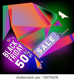 Black friday sale poster. 3d colorful geometric poster design template for promotion. Glossy metal and plastic material style.
