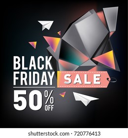 Black friday sale poster. 3d colorful geometric poster design template for promotion. Glossy metal and plastic material style.
