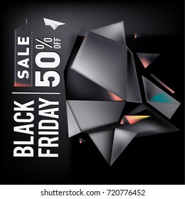 Black friday sale poster. 3d colorful geometric poster design template for promotion. Glossy metal and plastic material style.
