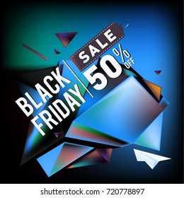 Black friday sale poster. 3d colorful geometric poster design template for promotion. Glossy metal and plastic material style.
