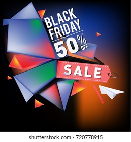 Black friday sale poster. 3d colorful geometric poster design template for promotion. Glossy metal and plastic material style.
