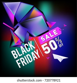 Black friday sale poster. 3d colorful geometric poster design template for promotion. Glossy metal and plastic material style.
