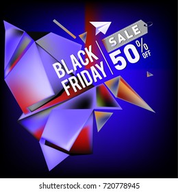 Black friday sale poster. 3d colorful geometric poster design template for promotion. Glossy metal and plastic material style.
